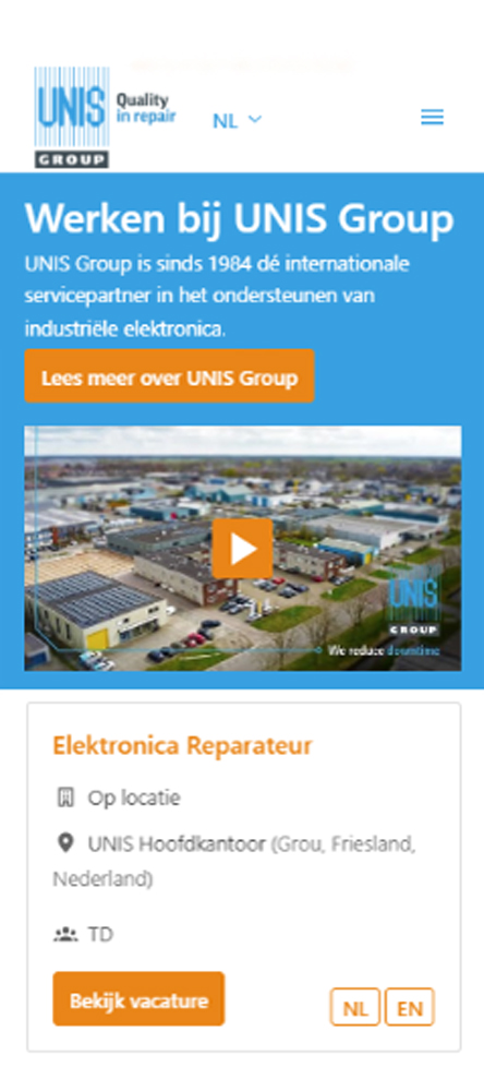 Mobiele weergave van de Werken bij UNIS Group website